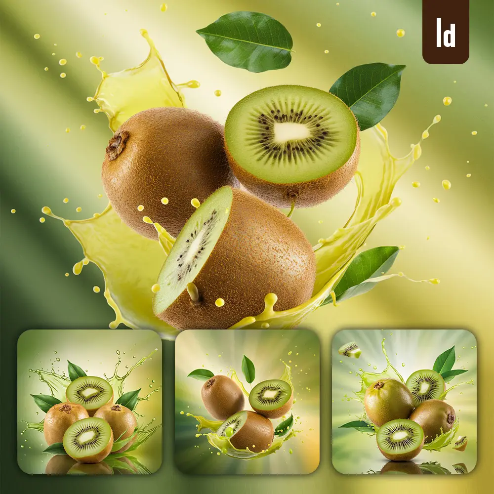 ideogram prompt kiwi fruit splash juice fresh leaves advertising photography
