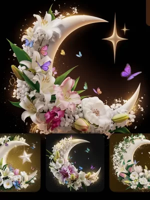 Ideogram Prompt Moon Crescent Star Flower Jasmine Lily Tulip Butterfly Night