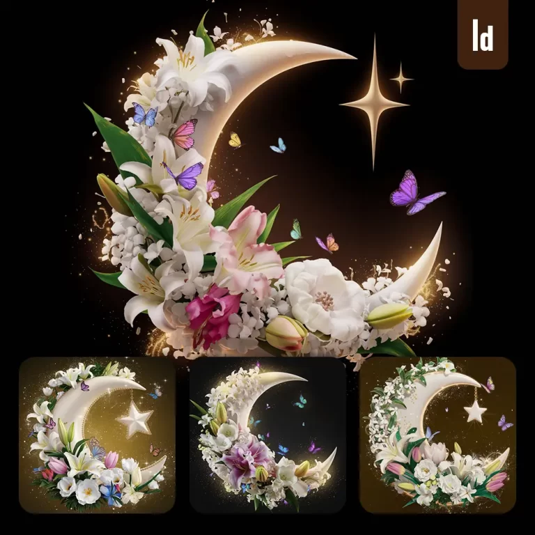 ideogram prompt moon crescent star flower jasmine lily tulip butterfly night