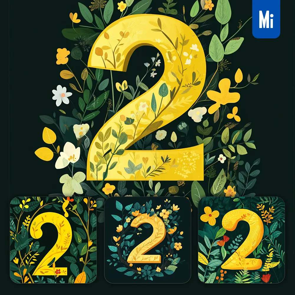 midjourney prompt 2 Number text yellow leaf leaves tree branches illustration vector drawing