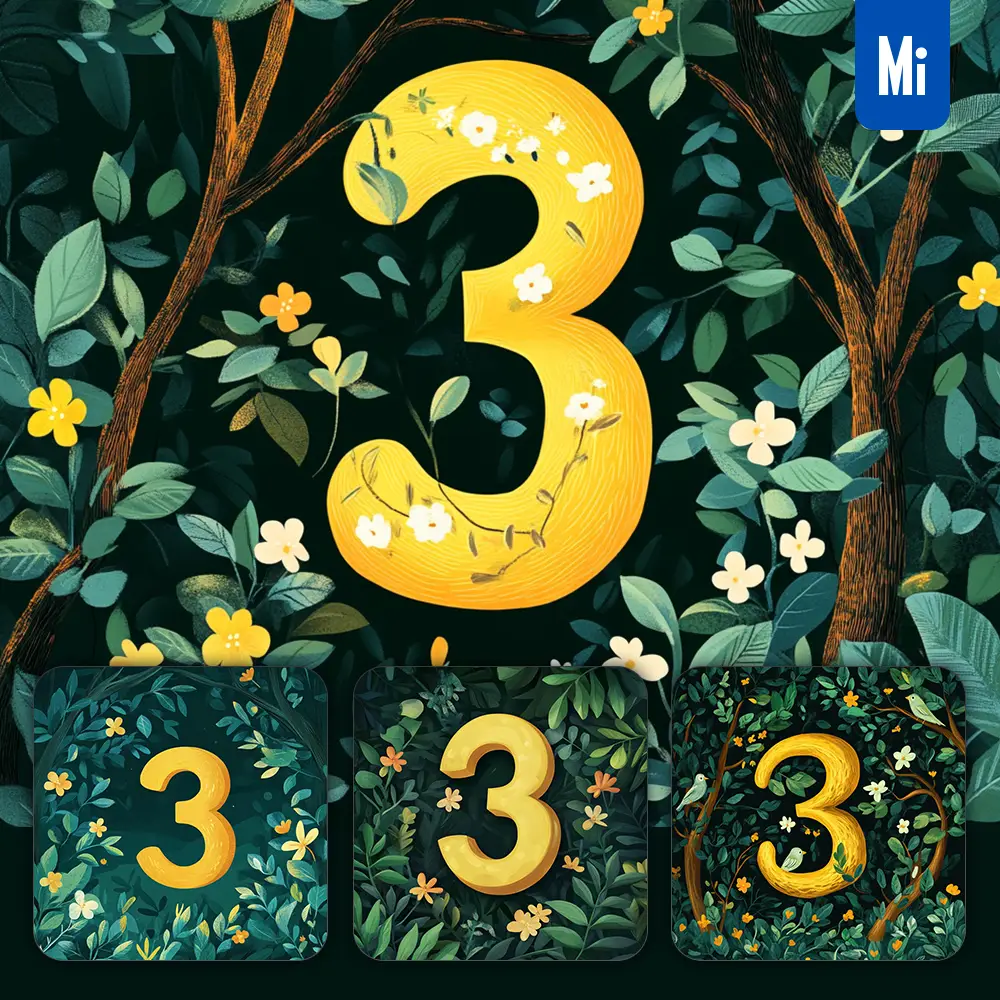 midjourney prompt 3 Number text yellow leaf leaves tree branches illustration vector drawing