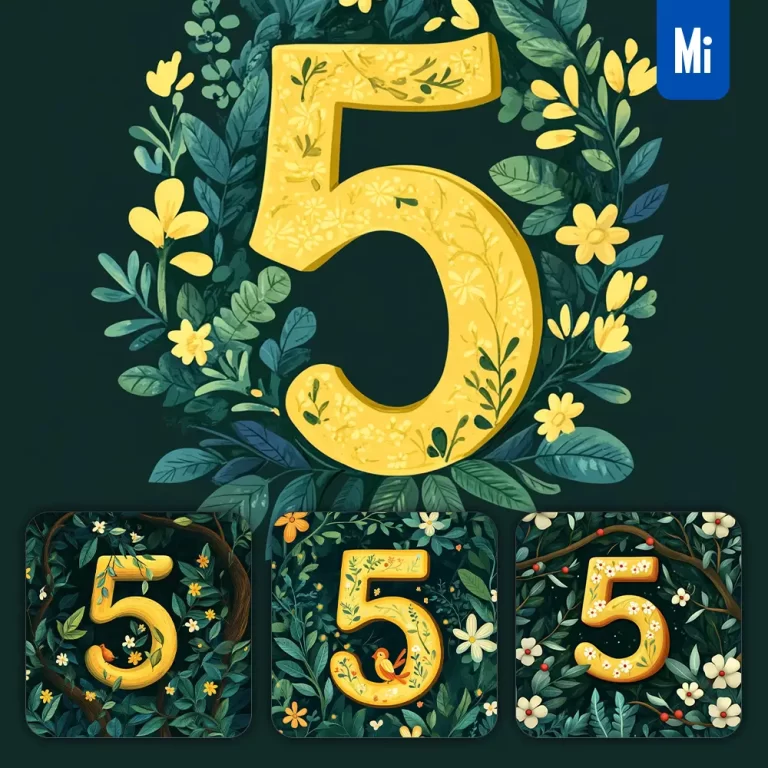 midjourney prompt 5 Number text yellow leaf leaves tree branches illustration vector drawing