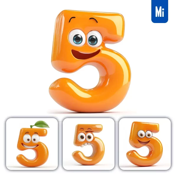 Midjourney Prompt 5 Orange Number Cute Cartoon 3d Smile Eyes Icon