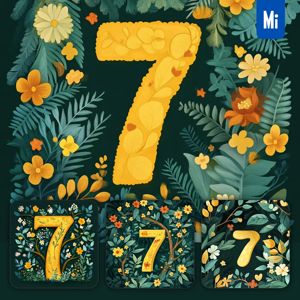 midjourney prompt 7 Number text yellow leaf leaves tree branches illustration vector drawing