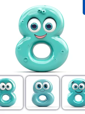 Midjourney Prompt 8 Cyan Number Cute Cartoon 3d Smile Eyes Icon