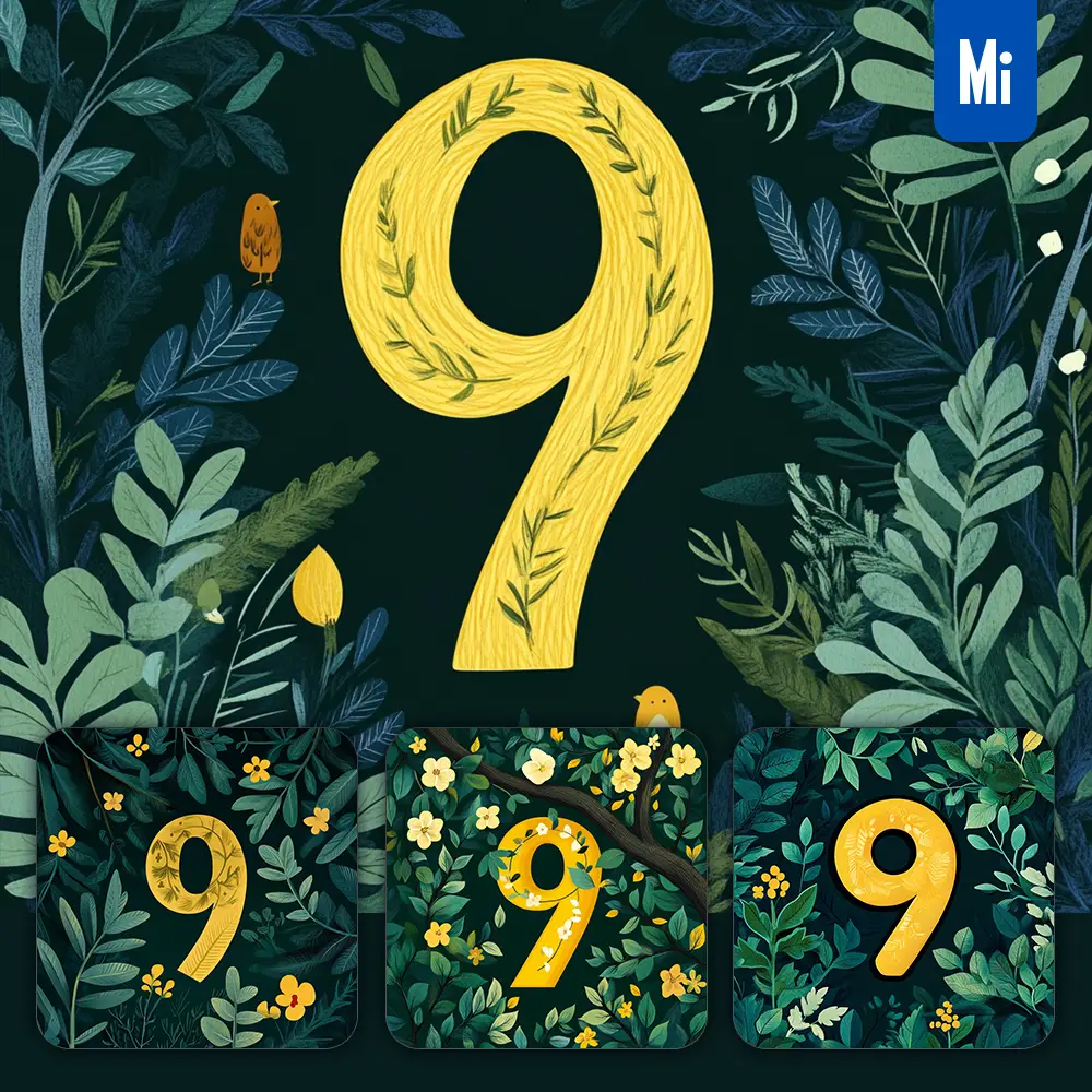 midjourney prompt 9 Number text yellow leaf leaves tree branches illustration vector drawing