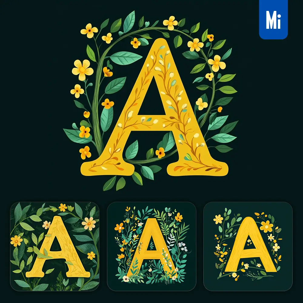 midjourney prompt A letter text yellow leaf leaves tree branches illustration vector drawing