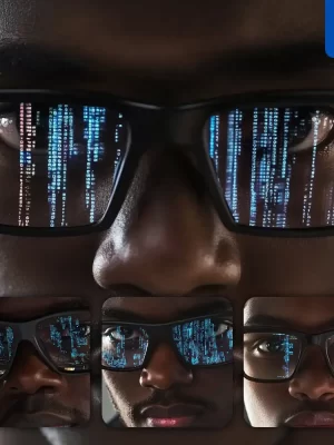 Midjourney Prompt African Man Programmer Face Technology Screen Code Glasses Internet Hacker Close Up Macro Photography