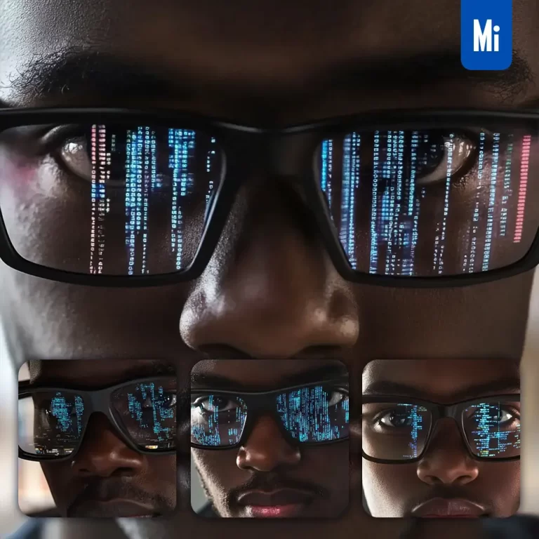 midjourney prompt African man programmer face technology screen code glasses internet hacker close up macro photography