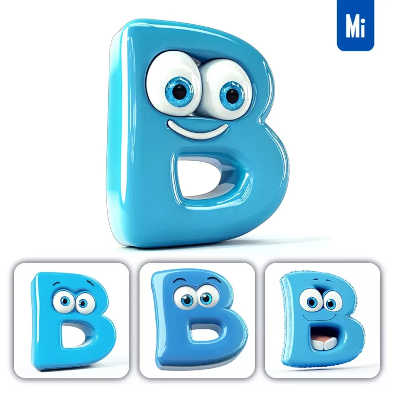 midjourney prompt B blue capital letter cute cartoon 3D smile eyes icon