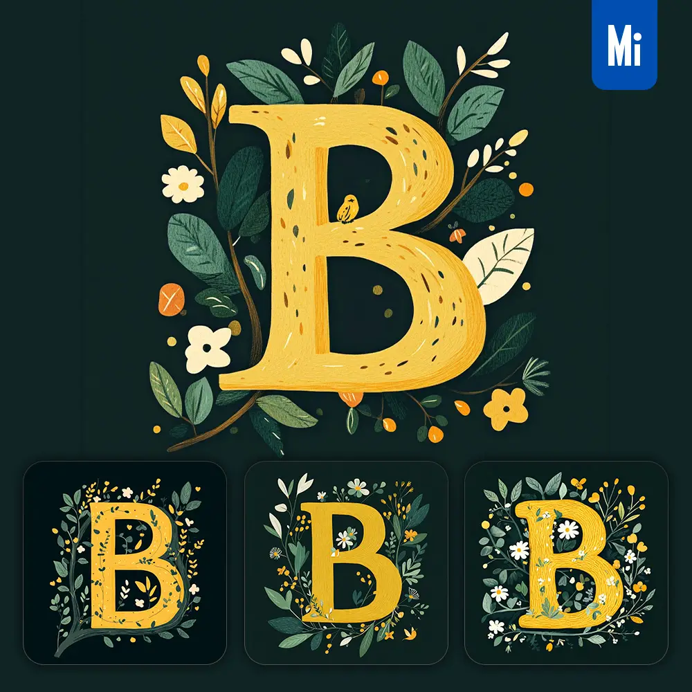 midjourney prompt B letter text yellow leaf leaves tree branches illustration vector drawing