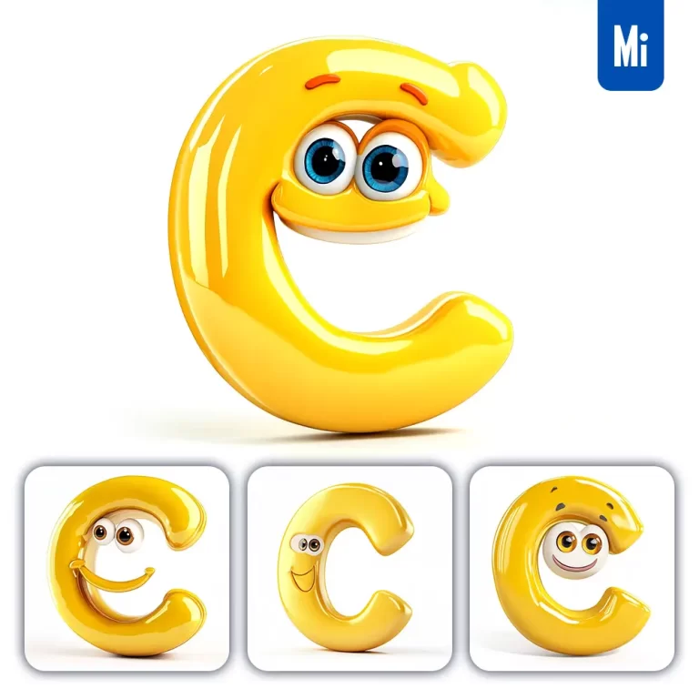 midjourney prompt C yellow capital letter cute cartoon 3D smile eyes icon