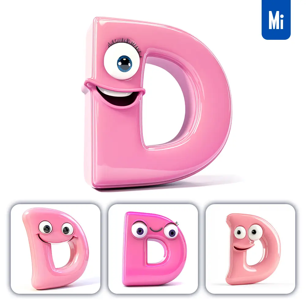 midjourney prompt D pink capital letter cute cartoon 3D smile eyes icon