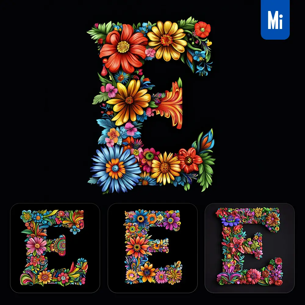 midjourney prompt E letter test flower colorful illustration logo