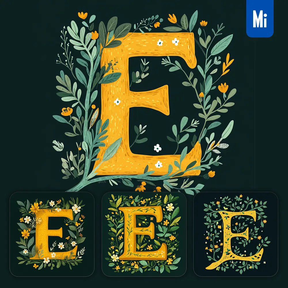 midjourney prompt E letter text yellow leaf leaves tree branches illustration vector drawing