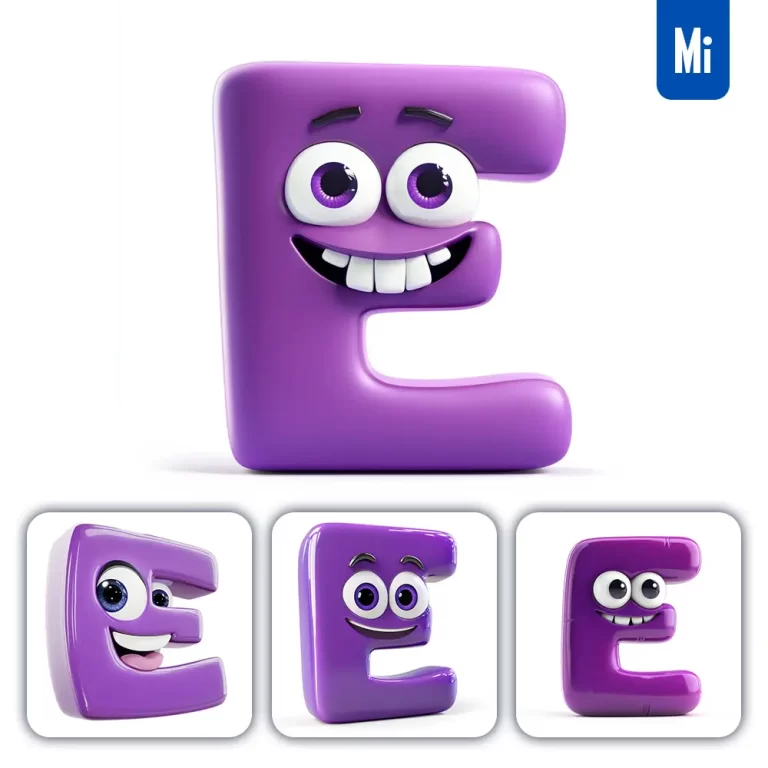 midjourney prompt E purple capital letter cute cartoon 3D smile eyes icon