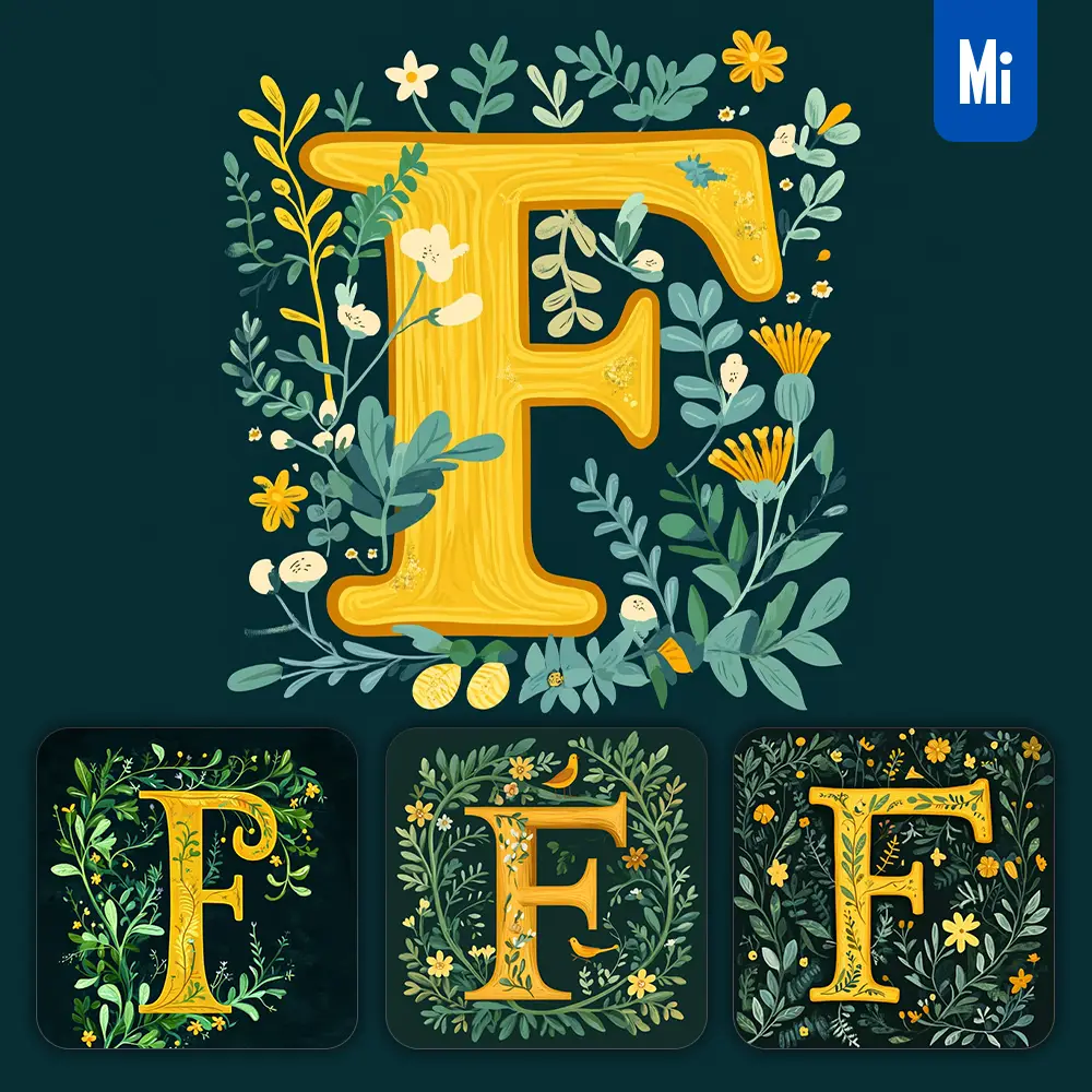 Midjourney Prompt F Letter Text Yellow Leaf Leaves Tree Branches Illustration Vector Drawing