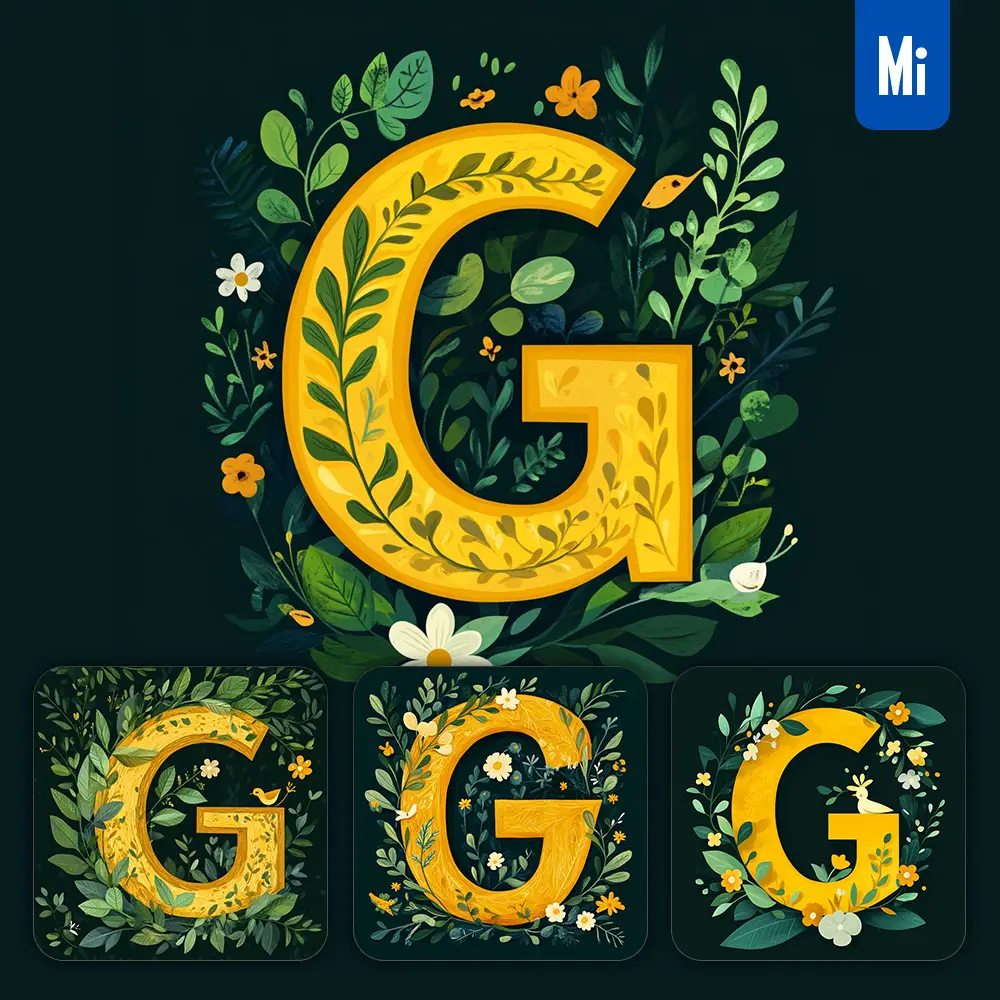 Midjourney Prompt G Letter Text Yellow Leaf Leaves Tree Branches Illustration Vector Drawing