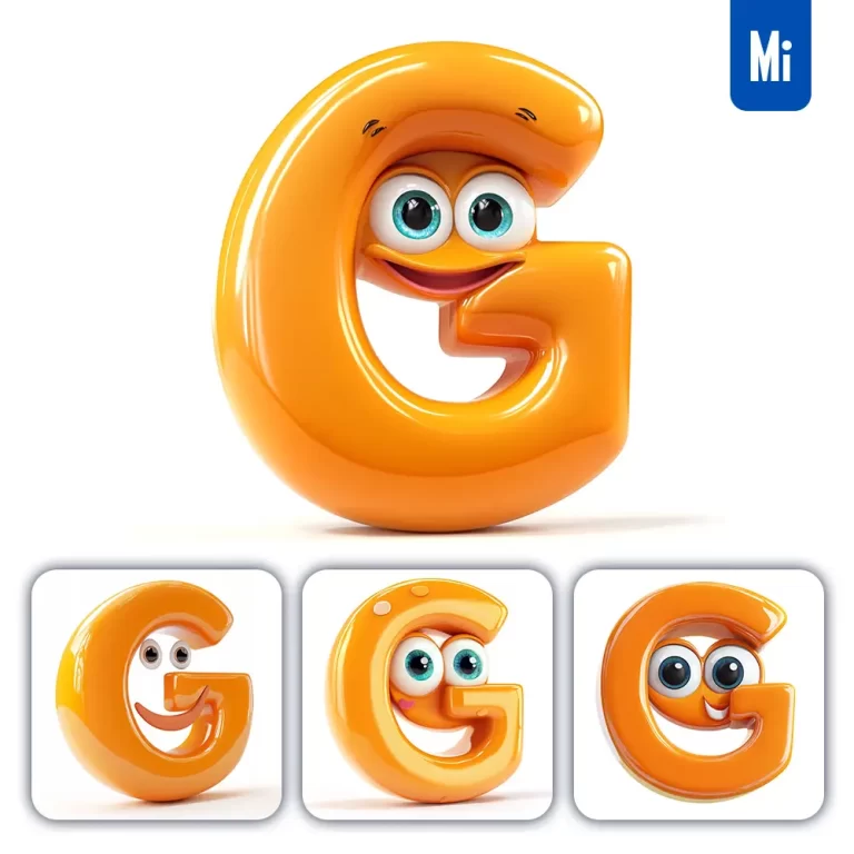 midjourney prompt G orange capital letter cute cartoon 3D smile eyes icon