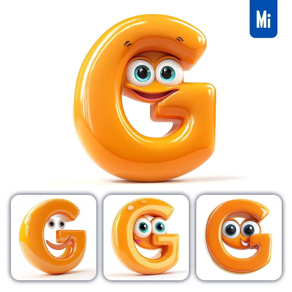 midjourney prompt G orange capital letter cute cartoon 3D smile eyes icon