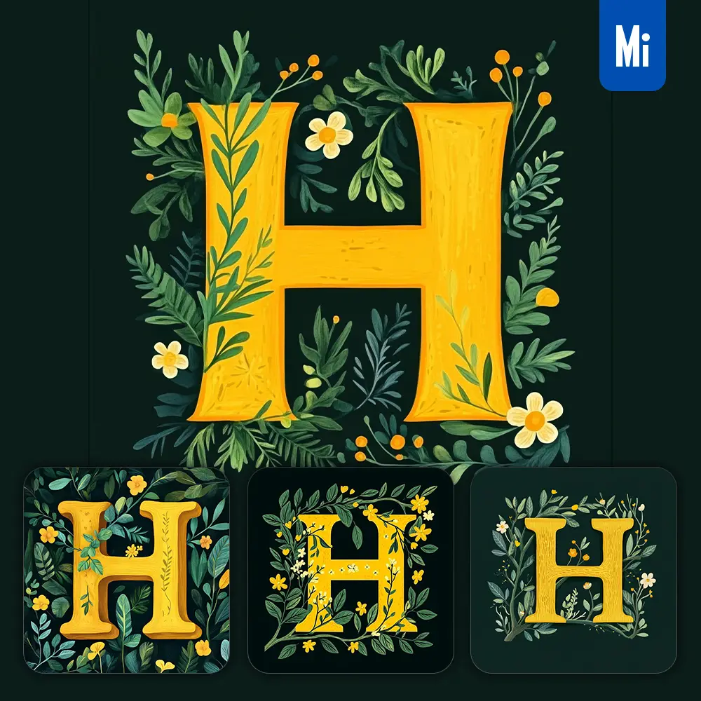 midjourney prompt H letter text yellow leaf leaves tree branches illustration vector drawing