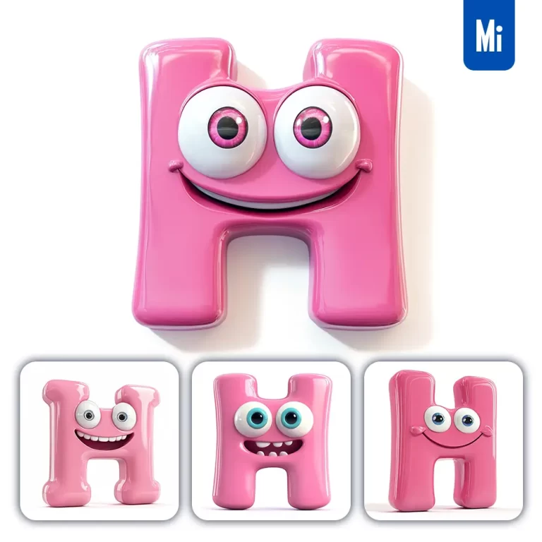 midjourney prompt H pink capital letter cute cartoon 3D smile eyes icon