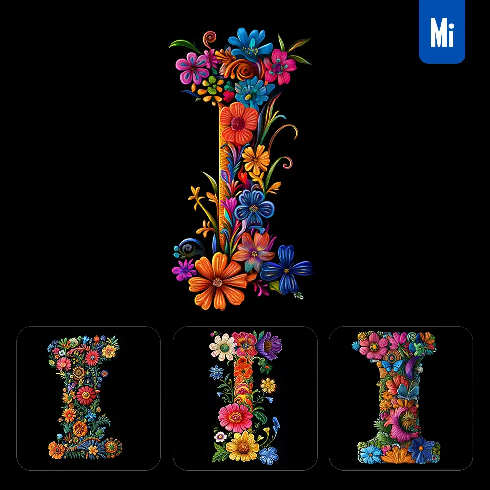 midjourney prompt I letter test flower colorful illustration logo