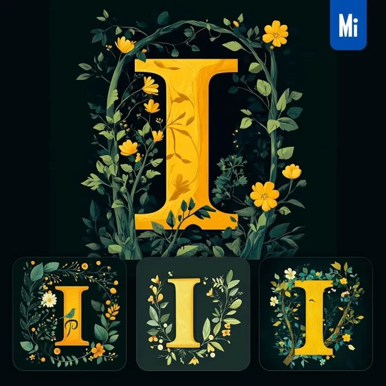 midjourney prompt I letter text yellow leaf leaves tree branches illustration vector drawing