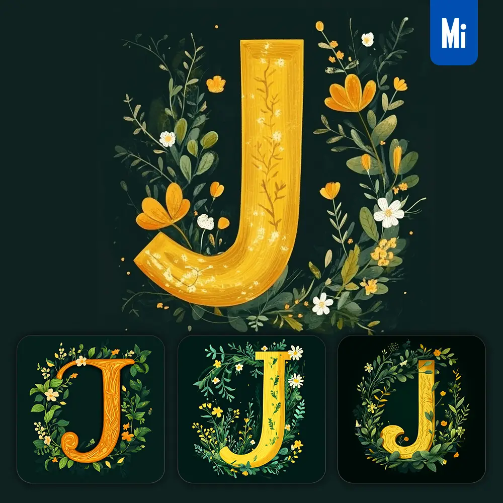 midjourney prompt J letter text yellow leaf leaves tree branches illustration vector drawing