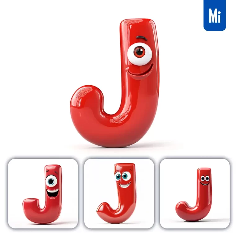 midjourney prompt J red capital letter cute cartoon 3D smile eyes icon