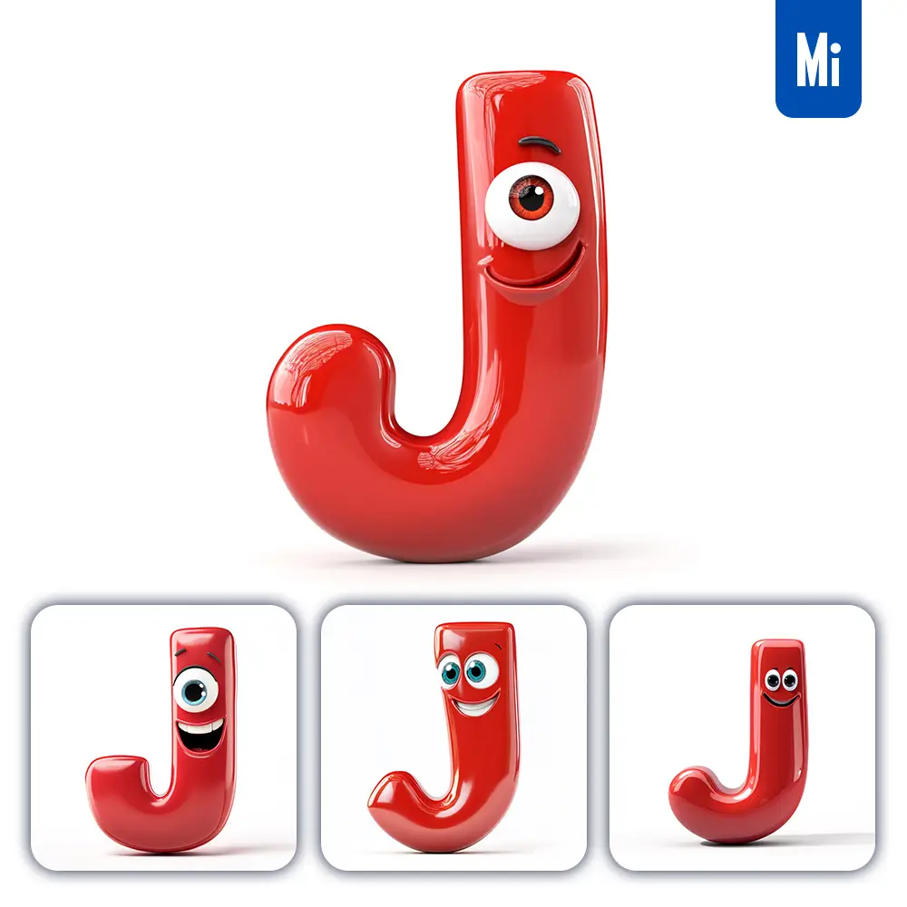 midjourney prompt J red capital letter cute cartoon 3D smile eyes icon