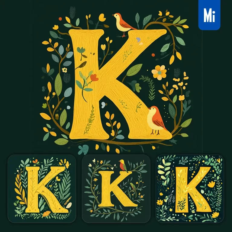 midjourney prompt K letter text yellow leaf leaves tree branches illustration vector drawing