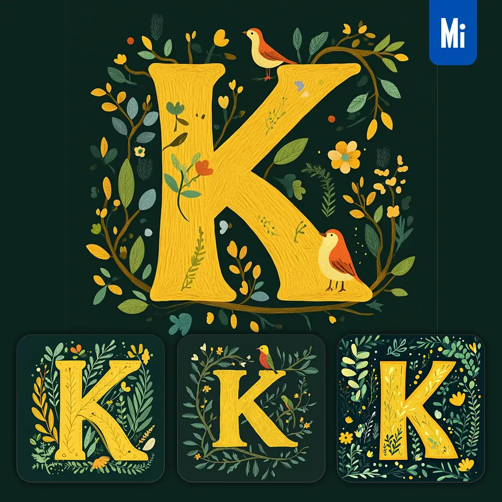 Midjourney Prompt K Letter Text Yellow Leaf Leaves Tree Branches Illustration Vector Drawing