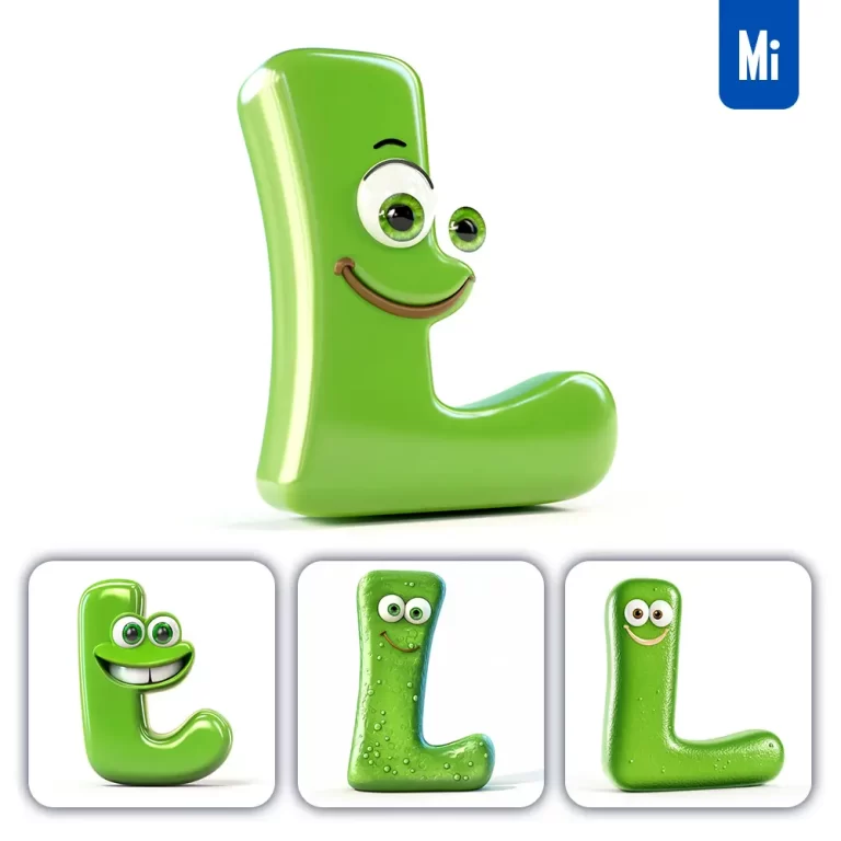 midjourney prompt L green capital letter cute cartoon 3D smile eyes icon