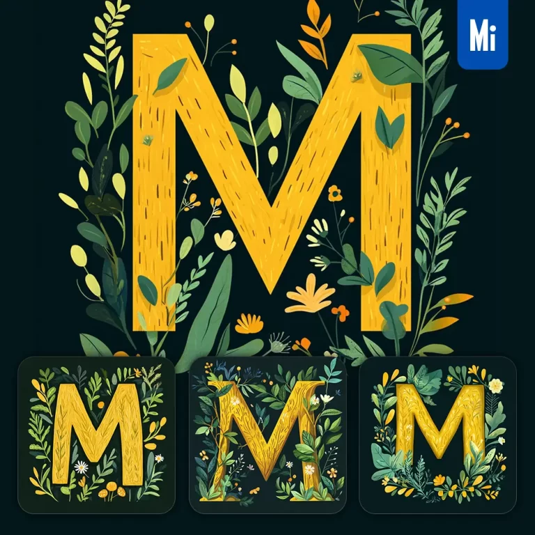midjourney prompt M letter text yellow leaf leaves tree branches illustration vector drawing