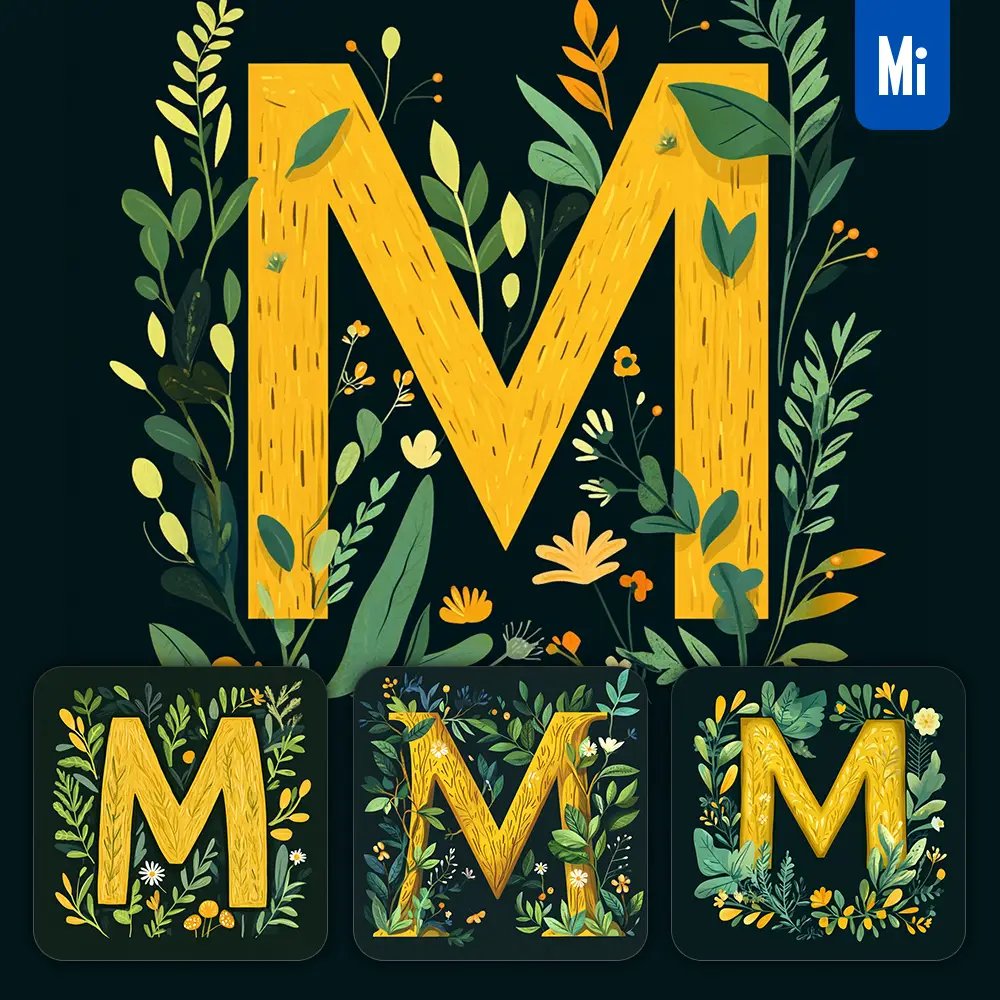 midjourney prompt M letter text yellow leaf leaves tree branches illustration vector drawing