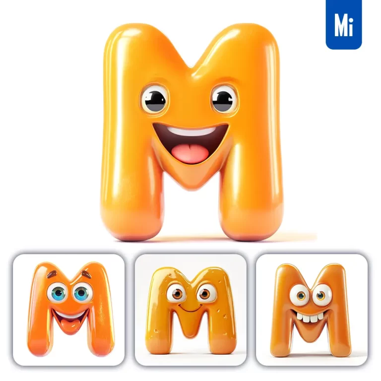 midjourney prompt M orange capital letter cute cartoon 3D smile eyes icon