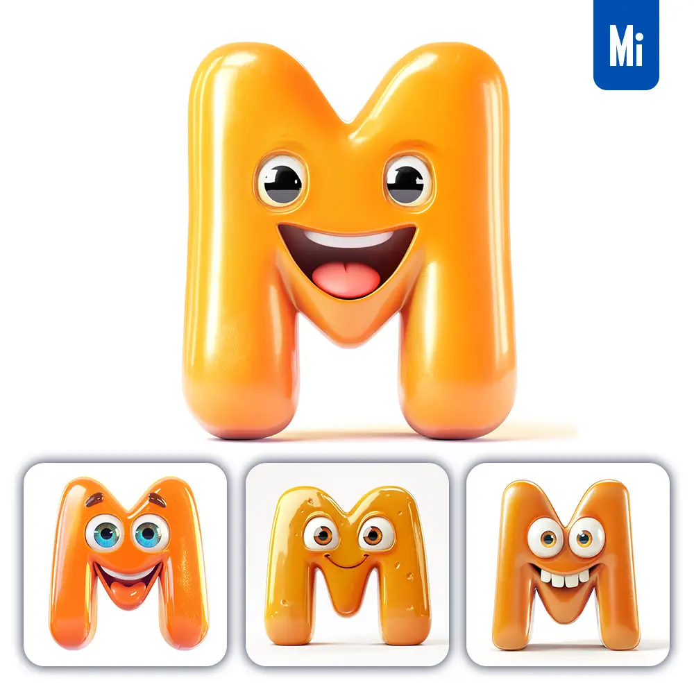 midjourney prompt M orange capital letter cute cartoon 3D smile eyes icon
