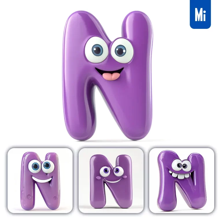 midjourney prompt N purple capital letter cute cartoon 3D smile eyes icon