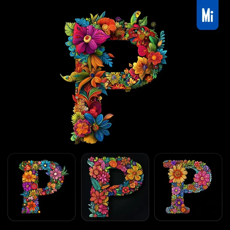midjourney prompt P letter test flower colorful illustration logo