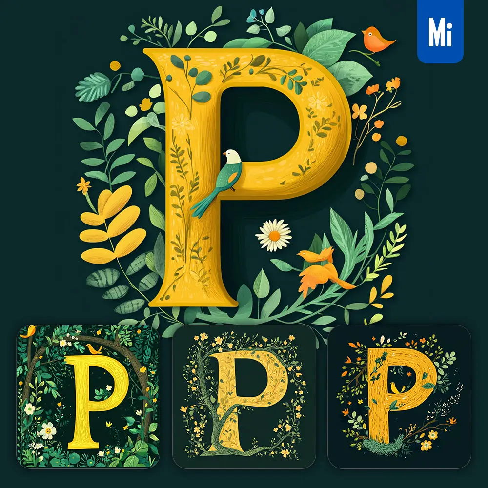 midjourney prompt P letter text yellow leaf leaves tree branches illustration vector drawing