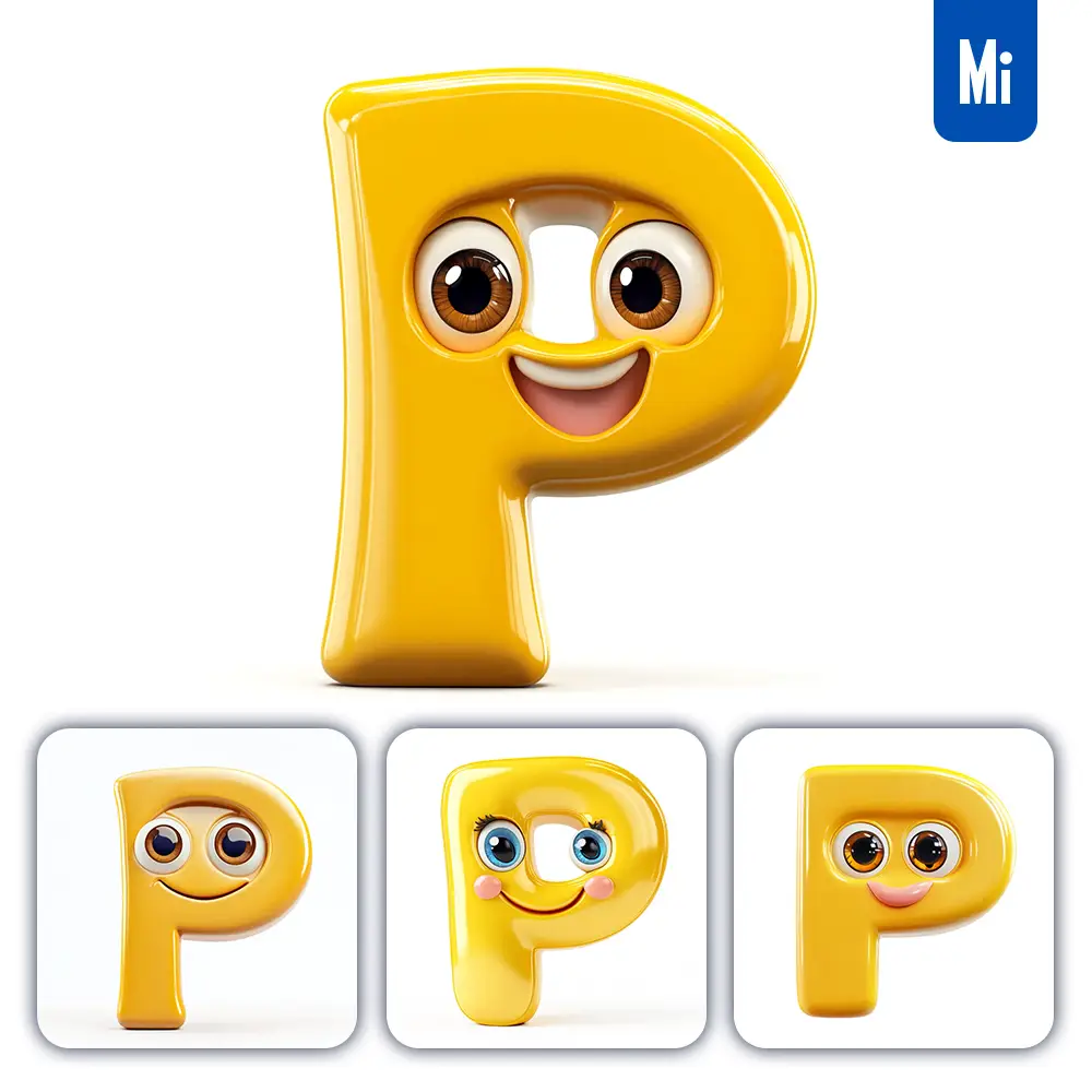 Midjourney Prompt P Yellow Capital Letter Cute Cartoon 3d Smile Eyes Icon