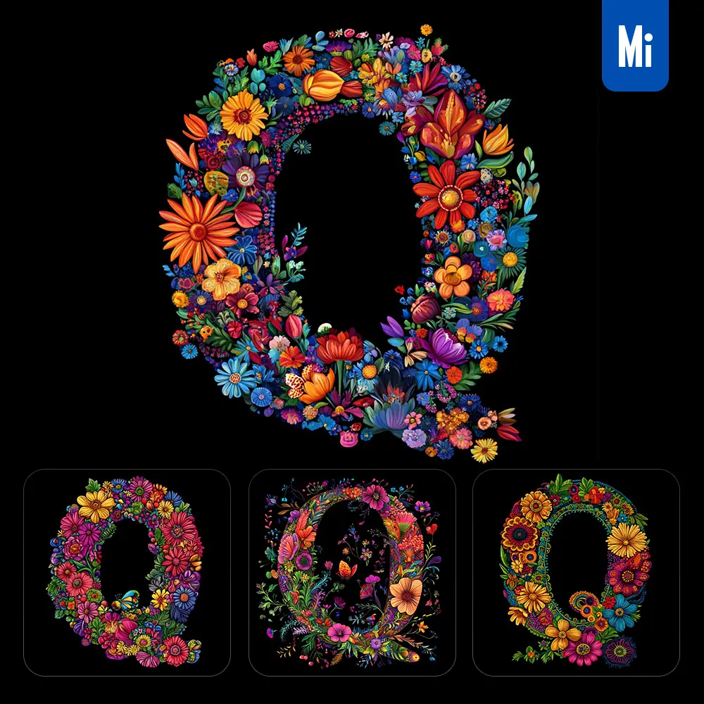 Midjourney Prompt Q Letter Test Flower Colorful Illustration Logo