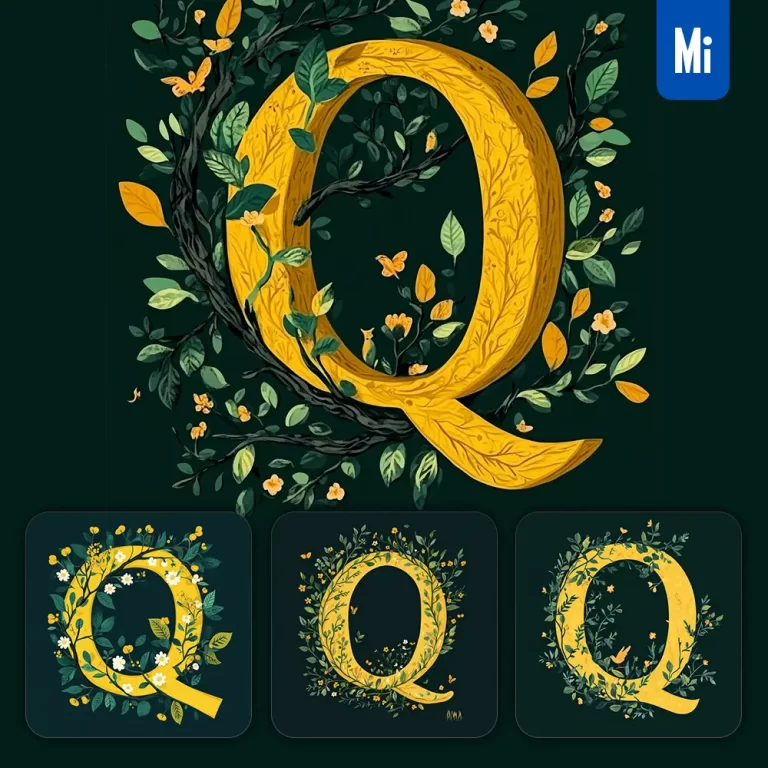 midjourney prompt Q letter text yellow leaf leaves tree branches illustration vector drawing