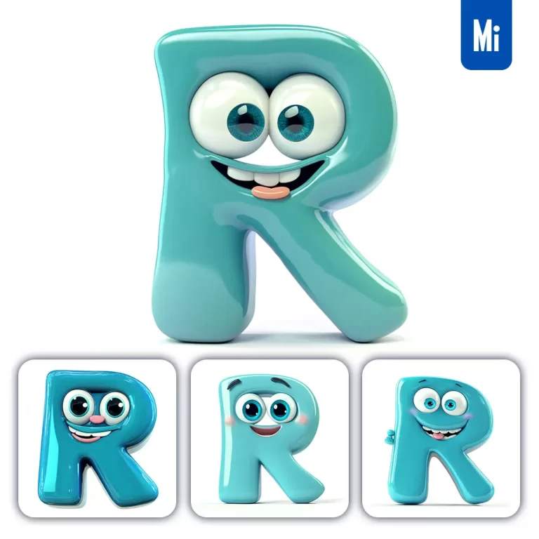 midjourney prompt R cyan capital letter cute cartoon 3D smile eyes icon