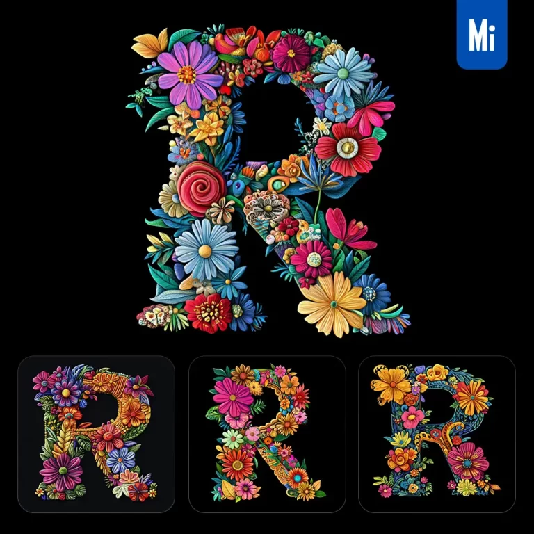 midjourney prompt R letter test flower colorful illustration logo