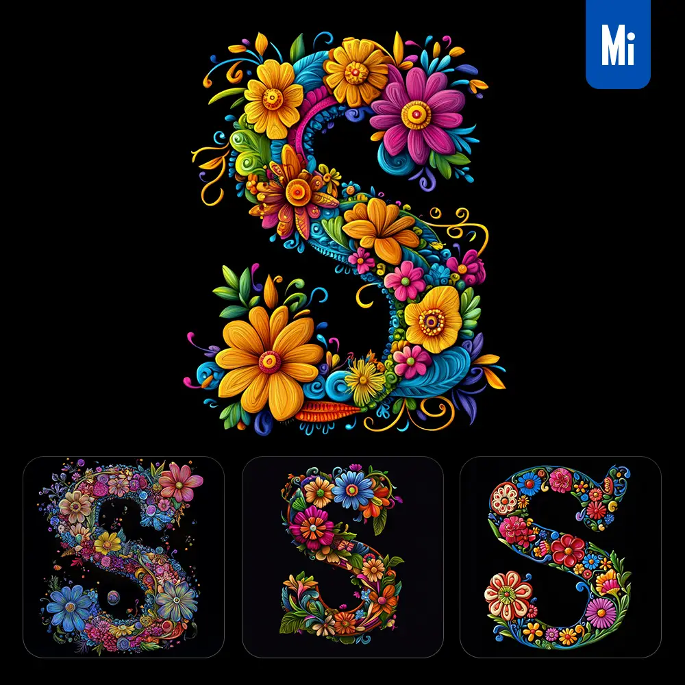 midjourney prompt S letter test flower colorful illustration logo