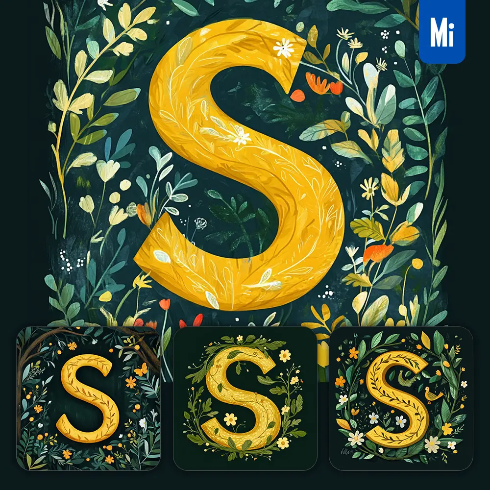 midjourney prompt S letter text yellow leaf leaves tree branches illustration vector drawing