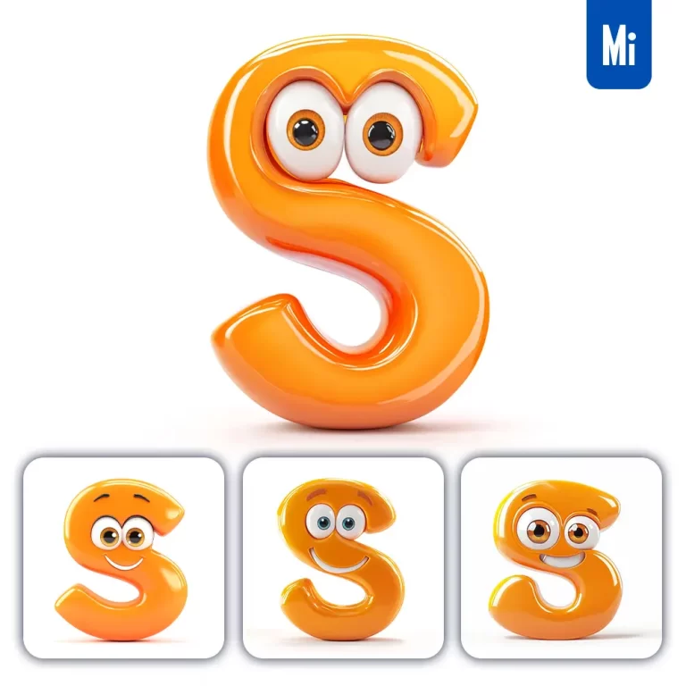 midjourney prompt S orange capital letter cute cartoon 3D smile eyes icon