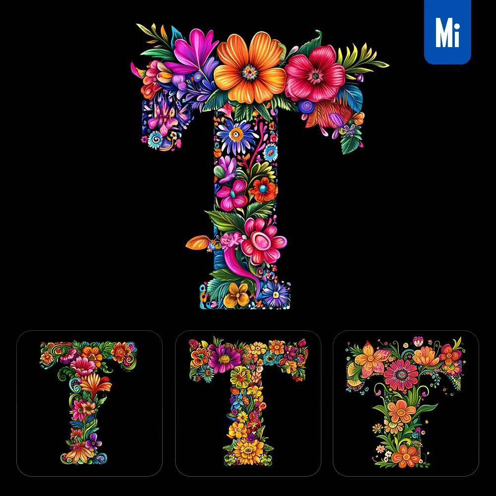midjourney prompt T letter test flower colorful illustration logo